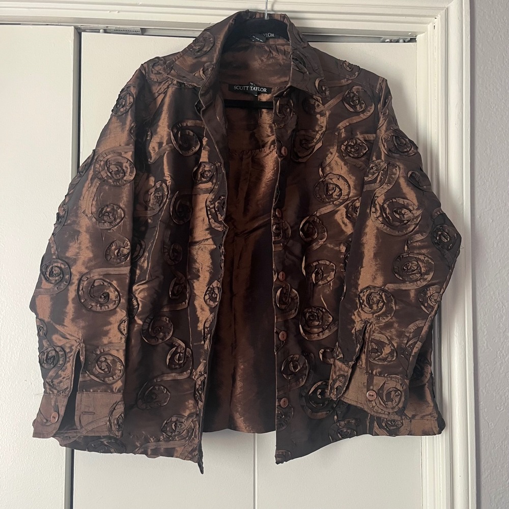 Scott Taylor Bronze Taffeta 2 Piece Set Rosette Jacket and Tank Top Womens Brown